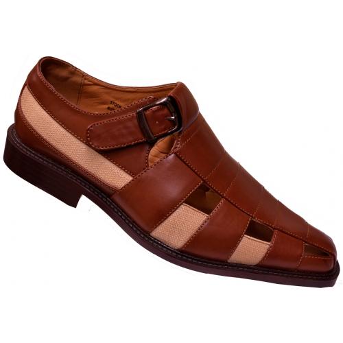 Antonio Cerrelli Cognac Genuine Leather  / Cream Linen Sandals 6441